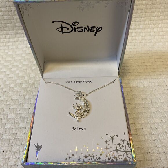 Disney Tinkerbell Necklace Fine Silver Plate Chain “Believe” Rhinestones - Picture 1 of 6
